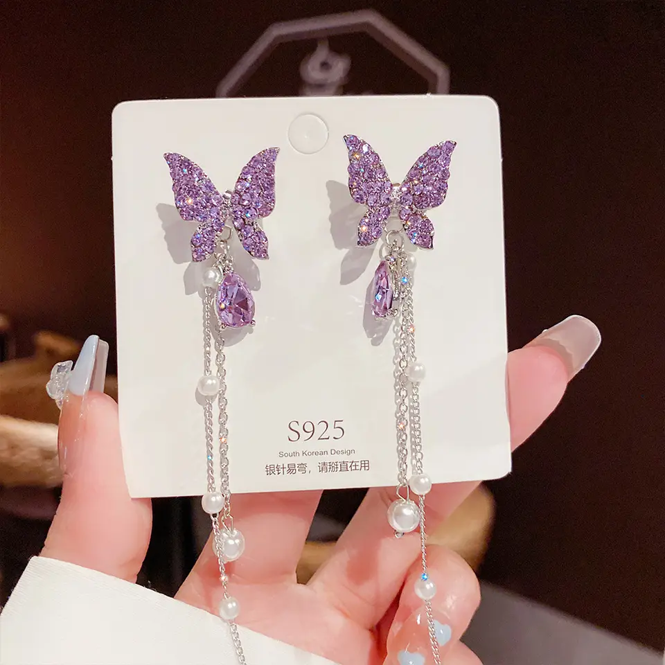 Long Tassel Drop Earrings Boho Butterfly Crystal Drop Earrings For Women – Long Tassel Dangle Boho Style Crystal Earrings